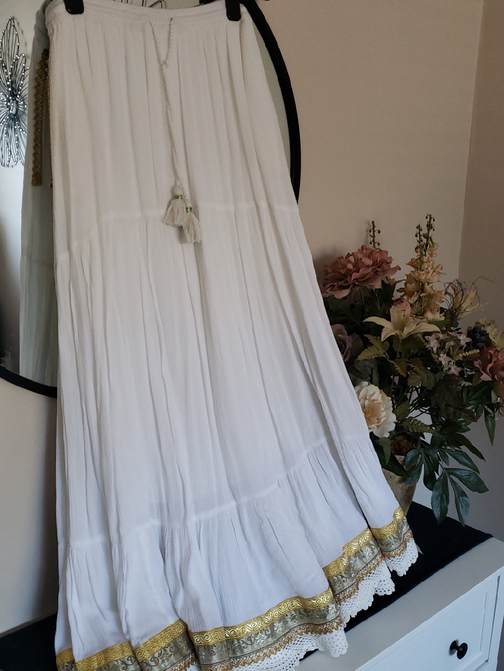 Women's White Maxi Skirt with Gold Trim